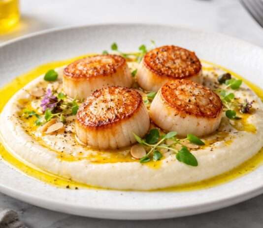 Jakobsmuscheln auf Blumenkohlcrème mit Safranöl Jakobsmuscheln-auf-Blumenkohlcrème-mit-Safranöl