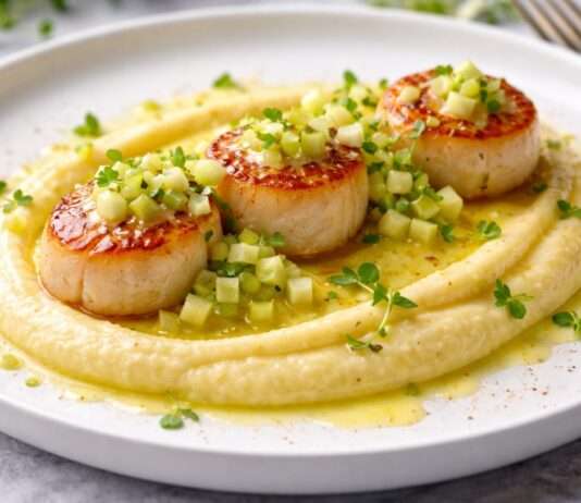 Epiphanie: Jakobsmuscheln auf Pastinakenpüree mit Safran und Apfel-Vinaigrette Jakobsmuscheln-auf-Pastinakenpüree-mit-Safran-und-Apfel-Vinaigrette