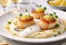 Jakobsmuscheln auf Selleriepüree mit Zitronen-Kaviar und Champagnerschaum Jakobsmuscheln-auf-Selleriepüree-mit-Zitronen-Kaviar-und-Champagnerschaum