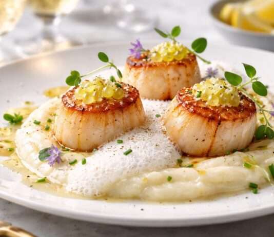 Jakobsmuscheln auf Selleriepüree mit Zitronen-Kaviar und Champagnerschaum Jakobsmuscheln-auf-Selleriepüree-mit-Zitronen-Kaviar-und-Champagnerschaum