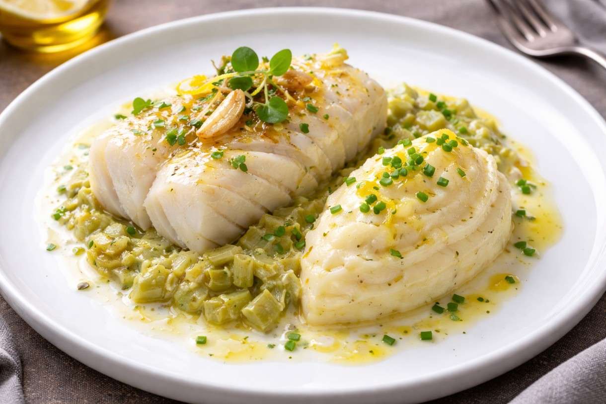 Kabeljau-Confit mit Lauchfondue und Kartoffel-Brandade