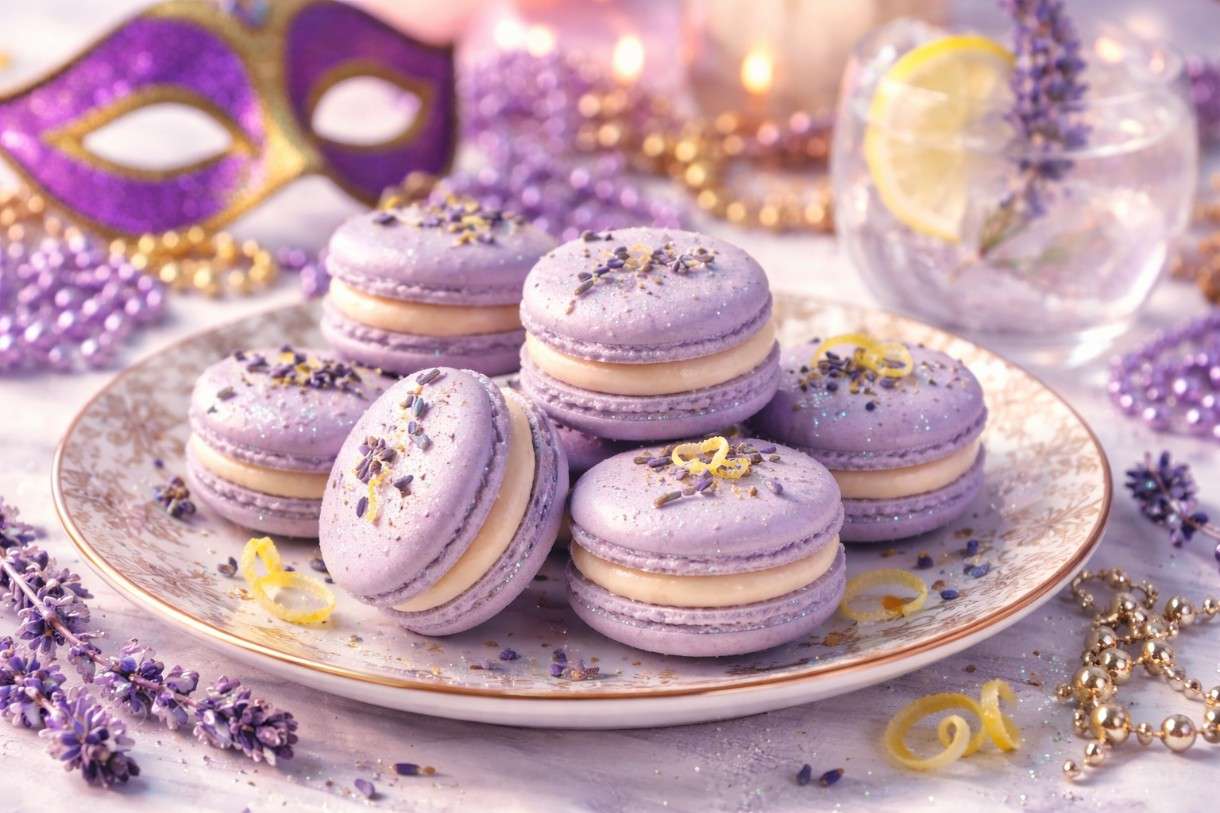 Lavendel-Macarons mit Gin-Tonic-Ganache – ein Fasnachtszauber in Pastell