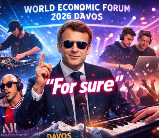 „For sure“ – wie Emmanuel Macrons englische Floskel zum viralen Hit wurde Macron-Davos-For-Sure_Illustration