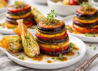 Mini-Ratatouille-Türmchen mit Miso-Aubergine & Zucchiniblüte Mini-Ratatouille-Türmchen mit Miso-Aubergine-&-Zucchiniblüte