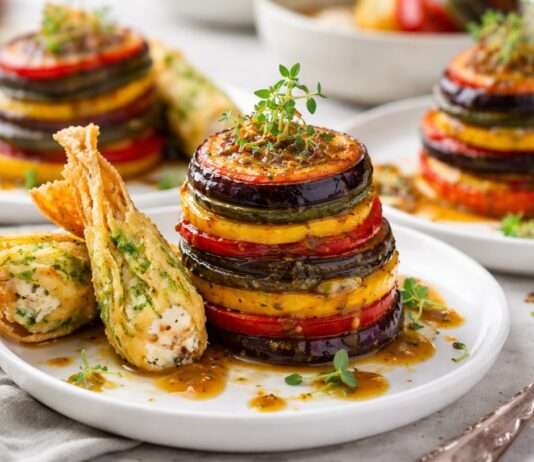 Mini-Ratatouille-Türmchen mit Miso-Aubergine & Zucchiniblüte Mini-Ratatouille-Türmchen mit Miso-Aubergine-&-Zucchiniblüte