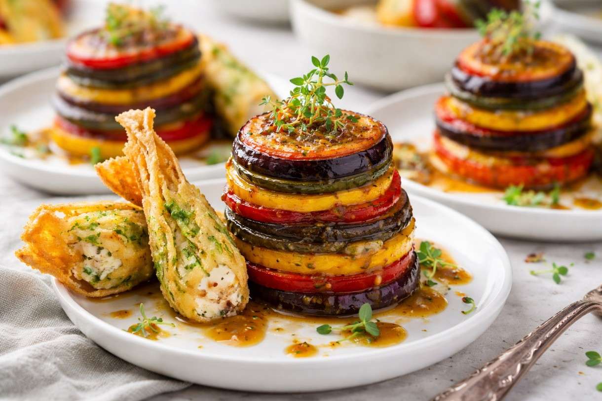 Mini-Ratatouille-Türmchen mit Miso-Aubergine & Zucchiniblüte