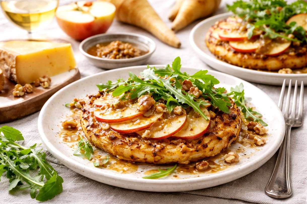 Genuss im Winter: Pastinaken-Galette mit Apfel, Comté & Walnuss-Vinaigrette