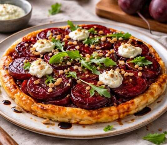 Rote-Bete-Tarte Tatin mit Ziegenkäse-Crème und Pinienkernen Rote-Bete-Tarte-Tatin-mit-Ziegenkäse-Crème-und-Pinienkernen
