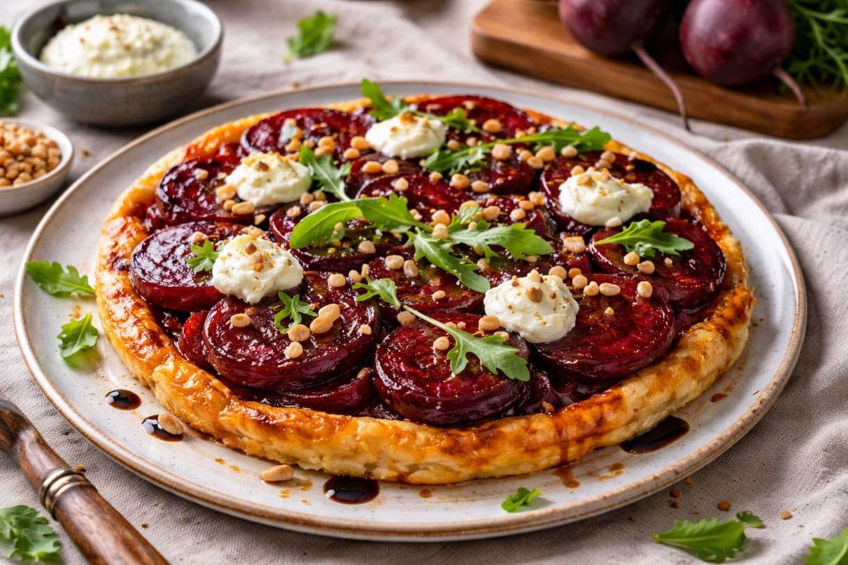 Rote-Bete-Tarte Tatin mit Ziegenkäse-Crème und Pinienkernen
