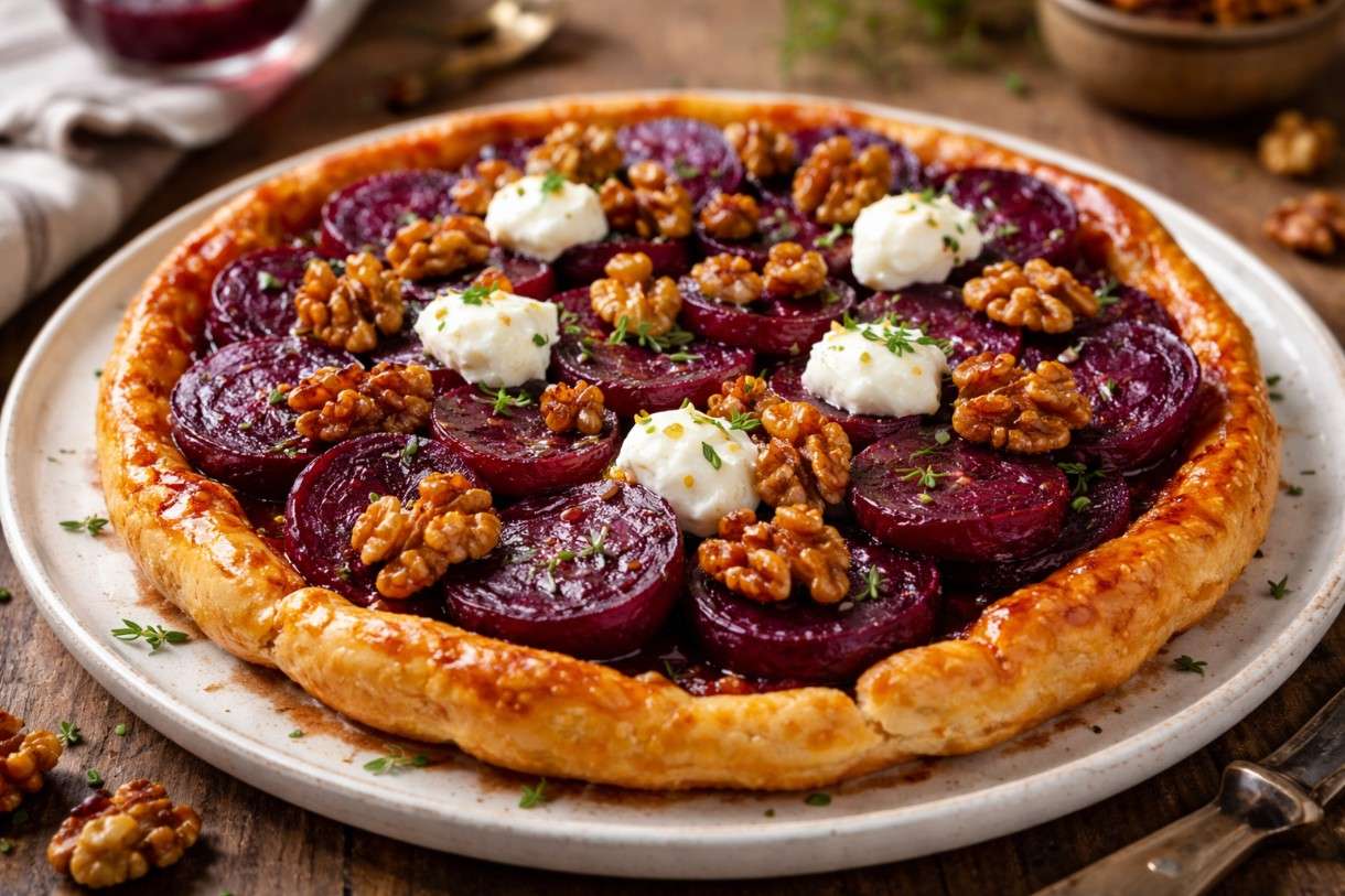 Rote-Bete-Tarte Tatin mit Ziegenkäse & karamellisierten Walnüssen