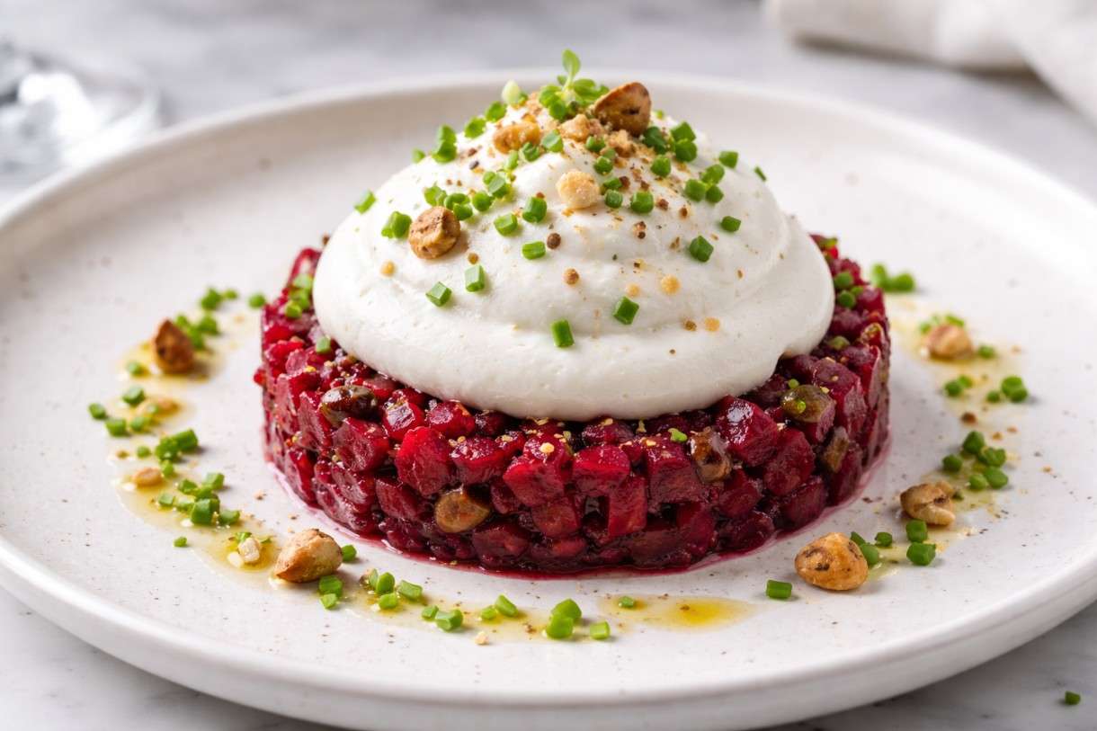 Der Februar in der französischen Küche: Rote-Bete-Tatar mit Ziegenkäse-Espuma