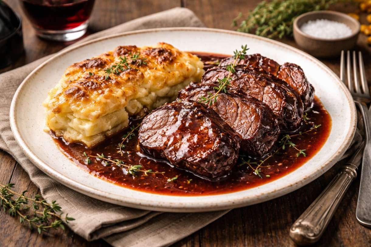 Schmorbraten vom Rind in Bordeaux mit Selleriegratin