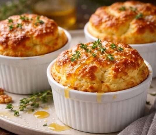 Soufflé au Comté mit Thymian-Honig und Walnussöl Soufflé-au-Comté-mit-Thymian-Honig-und-Walnussöl