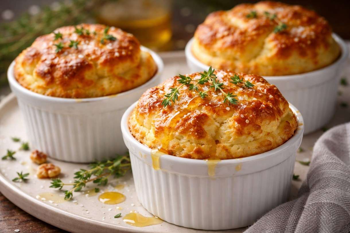 Soufflé au Comté mit Thymian-Honig und Walnussöl