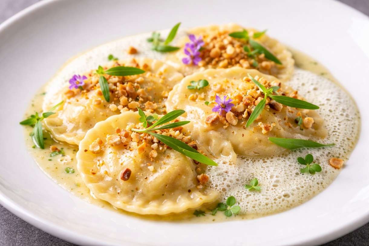 Steckrüben-Ravioli mit Estragon-Schaum & Haselnuss-Crunch