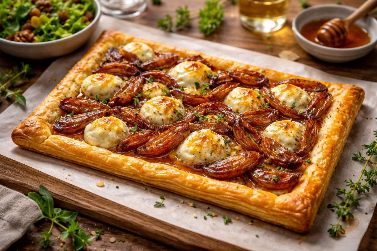 Tarte Fine mit karamellisierten Schalotten und Ziegenkäse