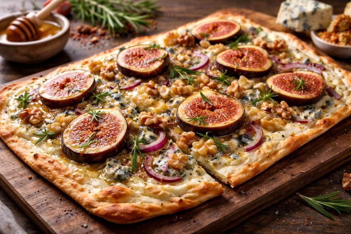 Der Februar in der französischen Küche - Flammkuchen modern: mit Feige, Blauschimmelkäse und Rosmarin