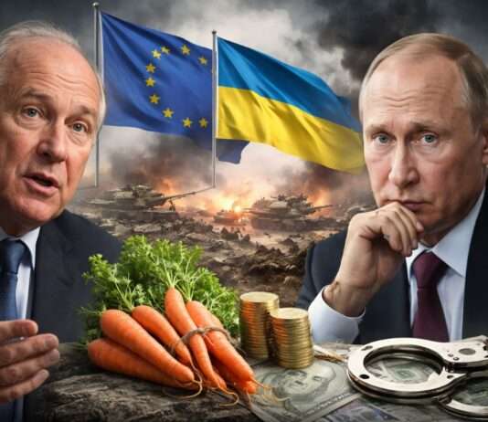 Zwischen Druck und Dialog: Hubert Védrine und die unbequeme Frage nach dem Kriegsende in der Ukraine Frieden-Ukraine-Karotten-Putin-Vedrine_Illustration
