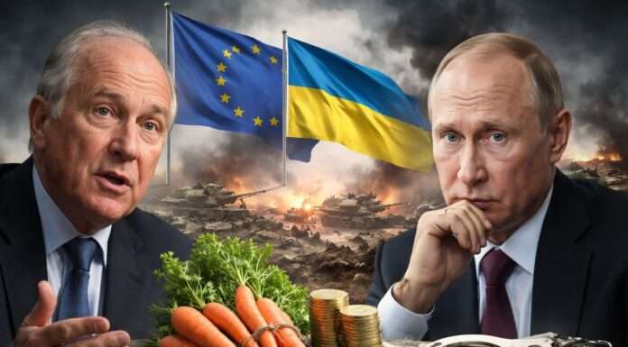 Zwischen Druck und Dialog: Hubert Védrine und die unbequeme Frage nach dem Kriegsende in der Ukraine Frieden-Ukraine-Karotten-Putin-Vedrine_Illustration
