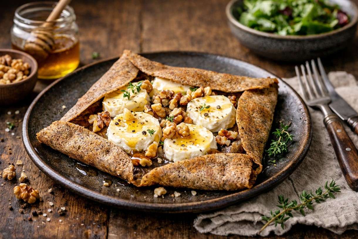 Galette von Buchweizen mit Ziegenkäse, Honig und Walnüssen