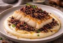 Gebratener Skrei mit Blutwurst-Crumble auf Kartoffel-Emulsion Gebratener-Skrei-mit-Blutwurst-Crumble-auf-Kartoffel-Emulsion