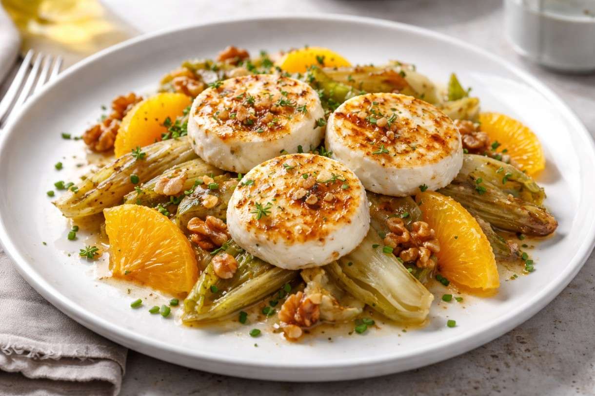 Der Februar in der französischen Küche - Gratinierter Ziegenkäse auf warmem Chicorée-Salat mit Orangenfilets