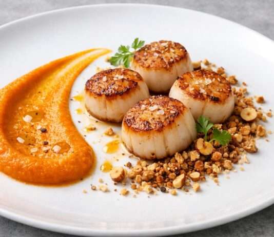 Jakobsmuscheln mit Vanille-Karottenpüree und Haselnusspulver – Der Februar in der französischen Küche Jakobsmuscheln-mit-Vanille-Karottenpüree-und-Haselnusspulver