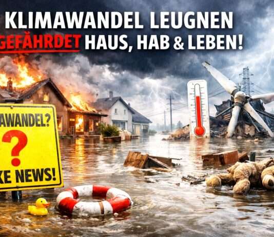 Kommentar: Realitätsverweigerung mit Hochwasserschaden Klimawandel-Leugnung_Illustration