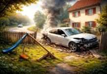 Wenn Autos im Garten landen: Das Leben im Schatten einer gefährlichen Straße Landstrasse-Garten-Unfallgefahr_Illustration