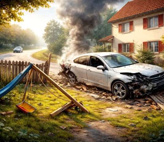 Wenn Autos im Garten landen: Das Leben im Schatten einer gefährlichen Straße Landstrasse-Garten-Unfallgefahr_Illustration