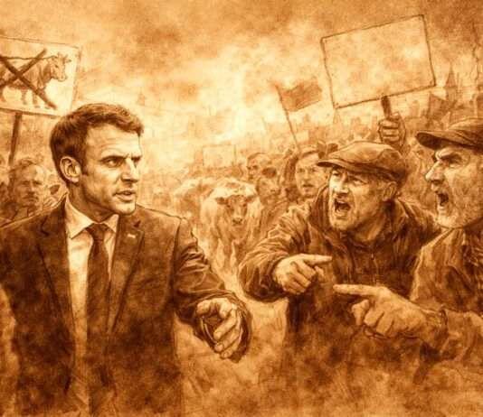 Kommentar: Wer ist schuld? Natürlich der Präsident! Macron-wütende-Landwirte-Bauern_Illustration