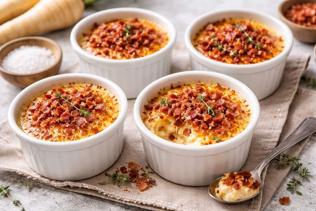 Pastinaken-Crème brûlée mit Parmaschinken-Crumble, der Februar in der französischen Küche