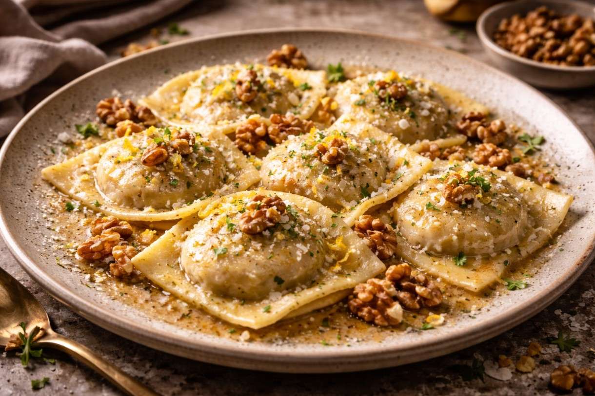 Schwarzwurzel-Ravioli mit Beurre noisette und Walnüssen
