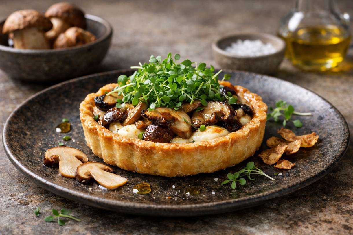 Der Februar in der französischen Küche - Steinpilz-Tartelette mit Ziegenfrischkäse und Kresse