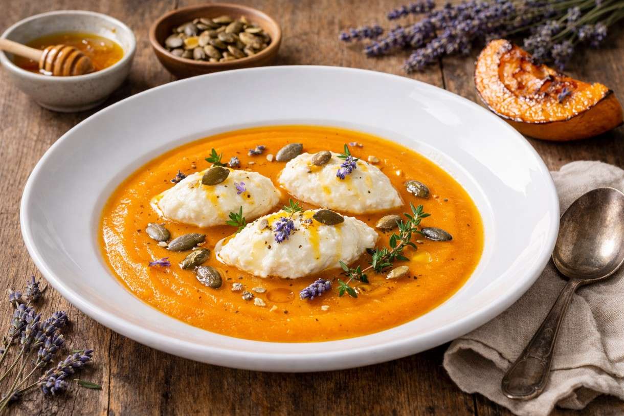 Der Februar in der französischen Küche - Suppe von geröstetem Kürbis mit Lavendelhonig und Ricotta-Nocken