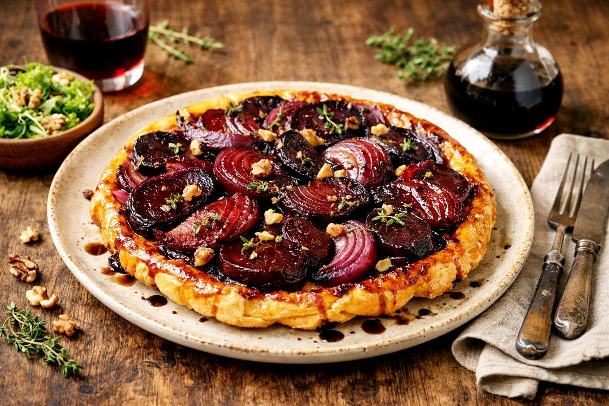 Der Februar in der französischen Küche - Tarte Tatin von Roter Bete und Zwiebeln mit Balsamico