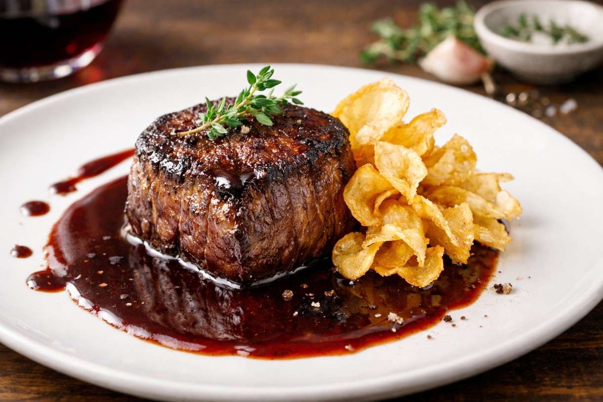 Der Februar in der französischen Küche - Tournedos vom Rind mit Rotweinjus und Pastinakenchips