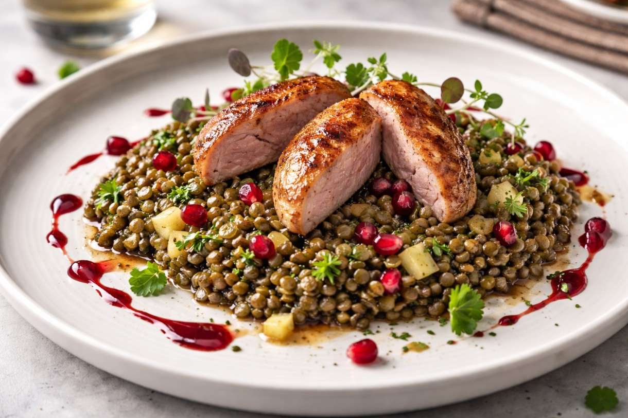 Der Februar in der französischen Küche - Wachtelbrust auf Linsensalat mit Granatapfel