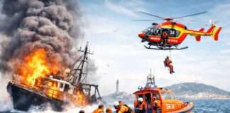 Flammen auf dem Mittelmeer: Fischer vor Sète in letzter Minute gerettet Brand-Trawler-Fischerei-Rettung-Seenot_Illustration