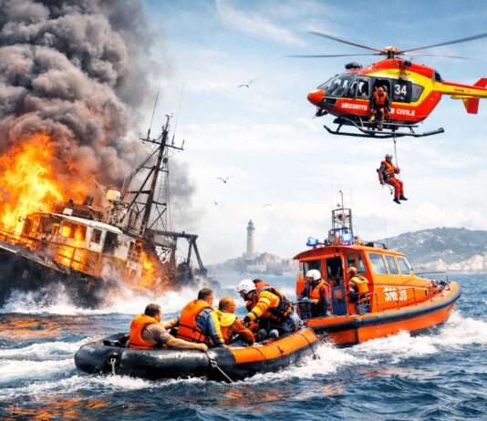 Flammen auf dem Mittelmeer: Fischer vor Sète in letzter Minute gerettet Brand-Trawler-Fischerei-Rettung-Seenot_Illustration