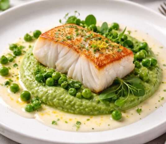 Cabillaud, purée de petits pois & beurre blanc Cabillaud-et-purée-de-petits-pois-&-beurre-blanc