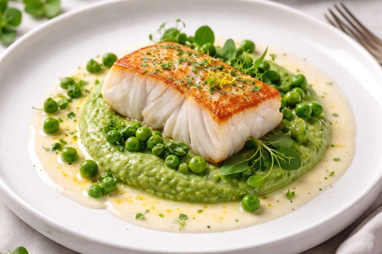 Cabillaud, purée de petits pois & beurre blanc