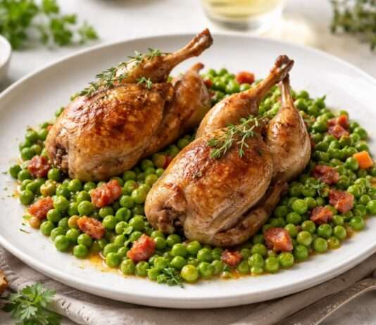 Caille rôtie aux petits pois et lardons – Französischer Frühling auf dem Teller Caille-rôtie-aux-petits-pois-et-lardons