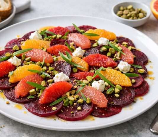 Carpaccio de betteraves aux agrumes mit Pistazien und Estragon Carpaccio-de-betteraves-aux-agrumes-mit-Pistazien-und-Estragon