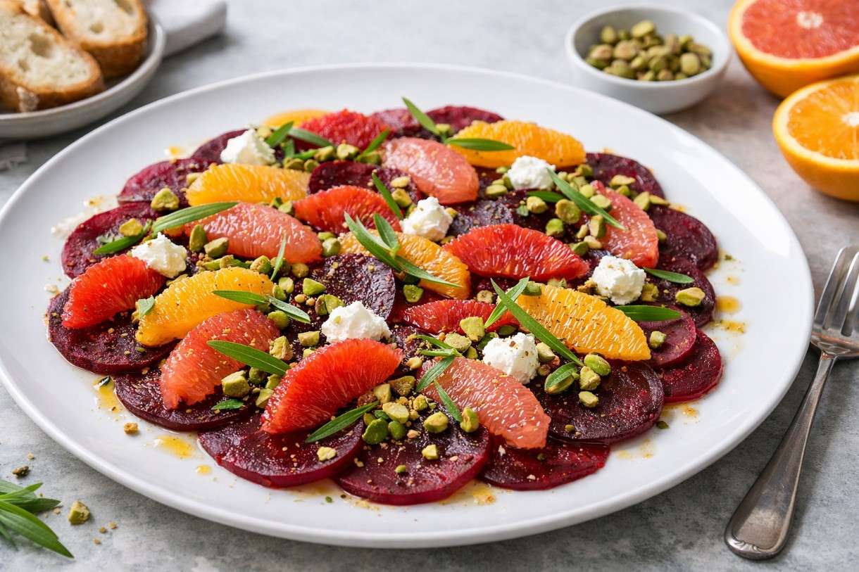 Carpaccio de betteraves aux agrumes mit Pistazien und Estragon