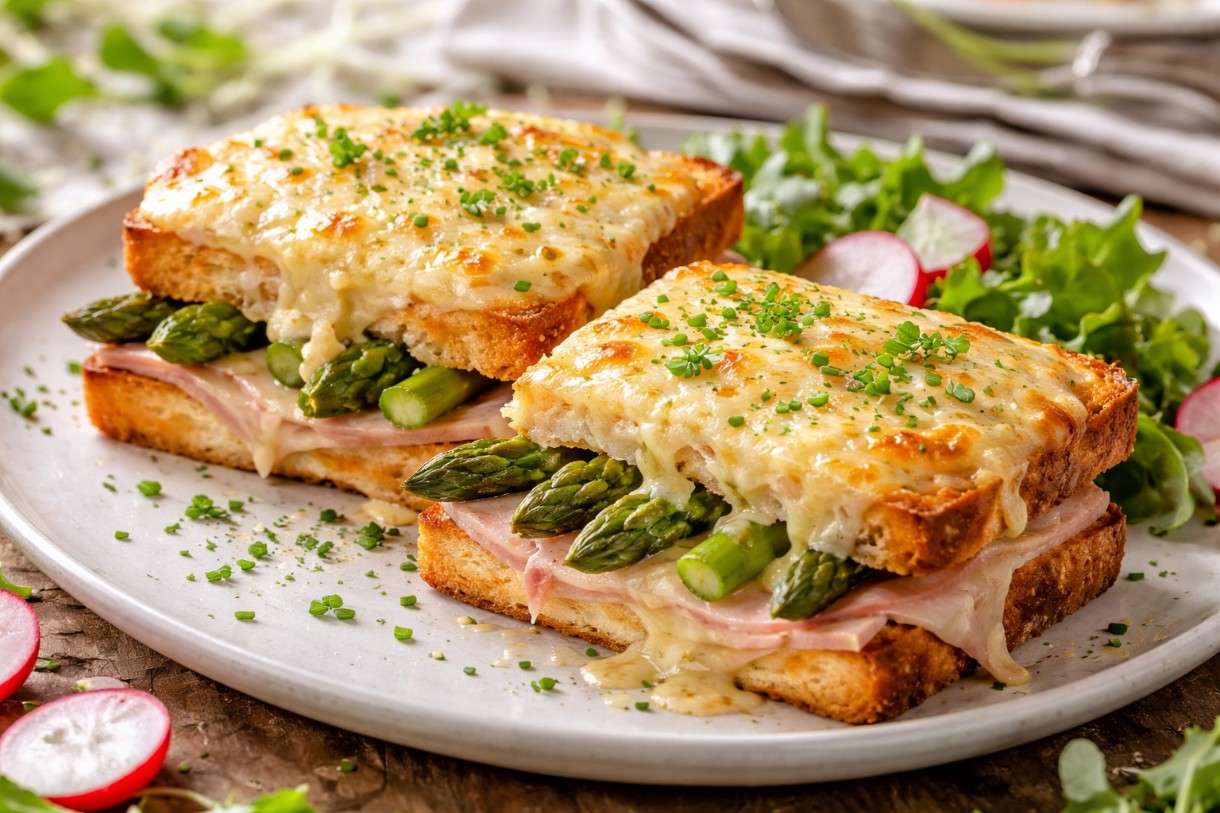 Der Frühling ist da: Croque-Monsieur printanier mit grünem Spargel und Jambon blanc