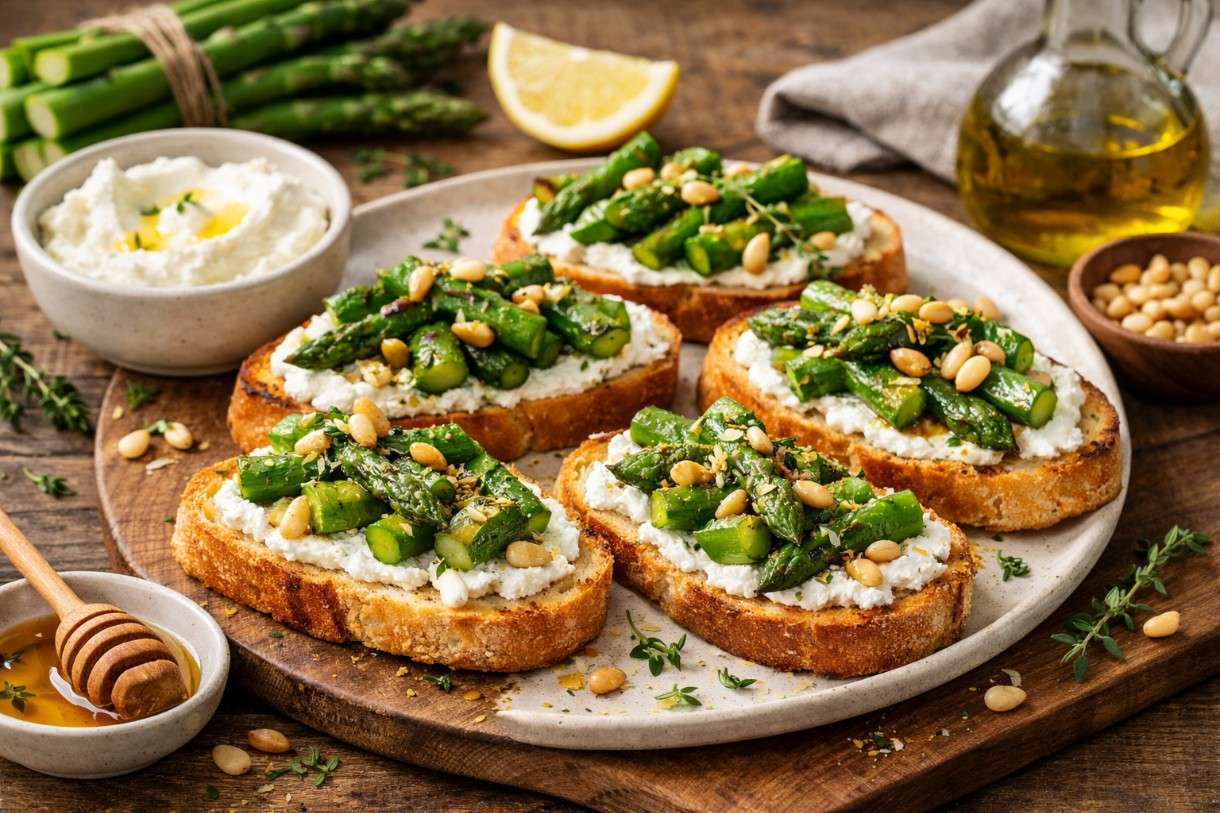 Es ist Spargelzeit: Crostini mit grünem Spargel und Ricotta
