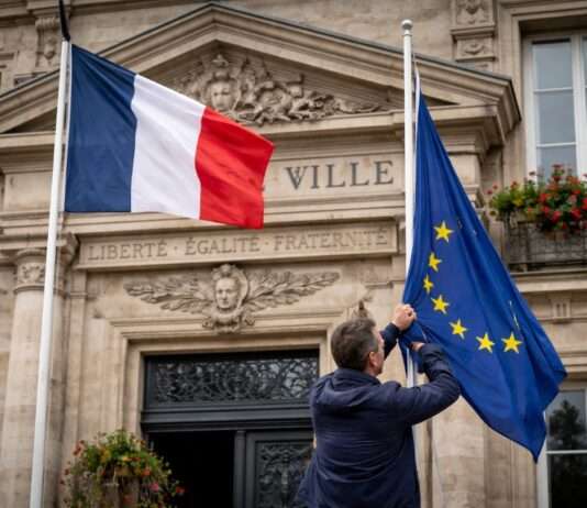 Symbolpolitik statt Systembruch: Wie Frankreichs Rechte die EU vor Rathäusern herausfordert EU-Flagge-RN-Rathaus_Illustration