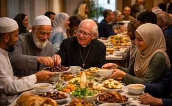 Wenn zwei Religionen denselben Tisch teilen Fastenbrechen-Iftar-Katholisch-Muslimisch_Illustration