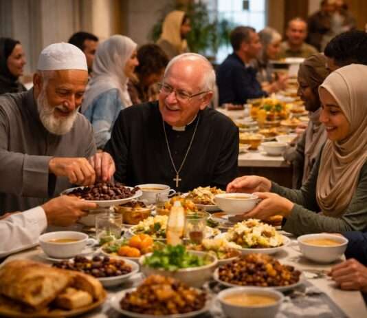 Wenn zwei Religionen denselben Tisch teilen Fastenbrechen-Iftar-Katholisch-Muslimisch_Illustration
